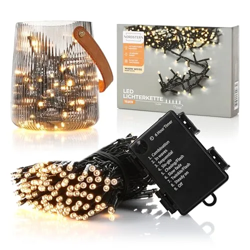 Nordstern LED Lichterkette Warmweiß 192 LEDs - Beleuchtung für Innen & Außen 14,5 m inkl. Timer und 8 Leuchtmodi - Batteriebetriebene Weihnachtsbeleuchtung