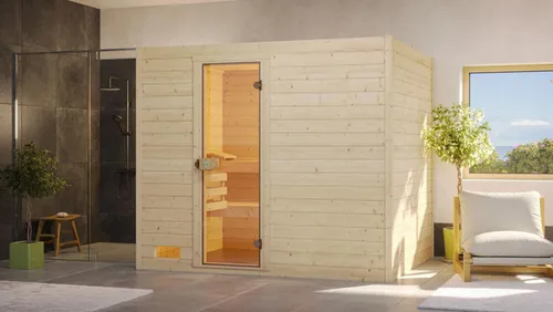 Weka Massivholzsauna Valida 4 Sparset 9,0 kW mit Glastür - Massivholzsauna aus 38 mm starkem Fichtenholz, inklusive 9,0 kW Saunaofen für finnisches Saunieren. Genießen Sie entspannende Momente mit großzügigen Sitzflächen und eleganter Ganzglastür für ein offenes Raumgefühl.