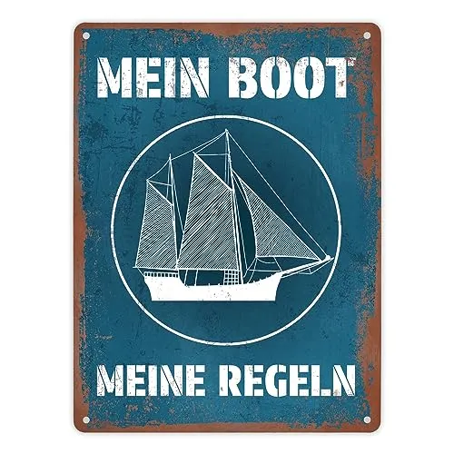 Mein Boot meine Regeln Metallschild XL in 21x28 cm mit Rostoptik in blau Blechschild im Used Look Geschenk für Bootsbesitzer und Segler die ihre Wohnung oder das Schiff verzieren