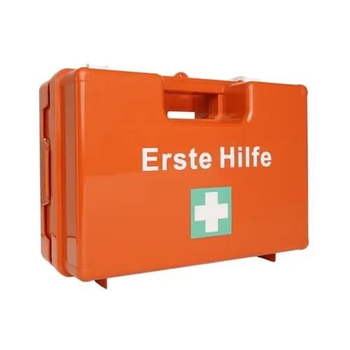 First Aid Products Erste Hilfe Koffer MEDIUM – inkl. DIN 13169:2021 Füllung – orange, ABS-Kunststoff, bruchsicher & schlagfest – Wandhalterung & Schrauben – große Büros, Schulen, Betrieb & Baustellen