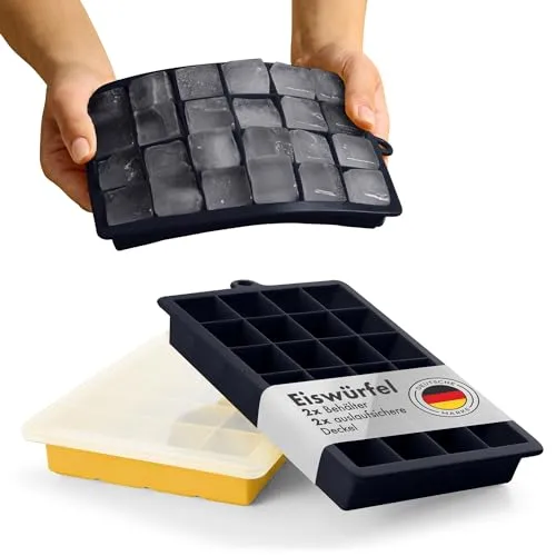 Blumtal Eiswürfelformen Silikon 2x24er - Eiswürfelform mit Deckel - Silikon Eiswürfelform für Eiswürfel 2,6 cm - 2 x Eiswürfelformen in M - BPA freier Ice Cube Maker 2x - Black Blue und Spicy Mustard