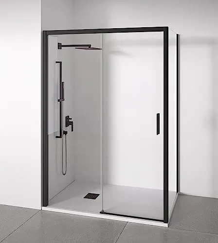 BELLOBATH - Duschwand für die Ecke - 1 Schiebetür + 2 Festteile ohne unteren Rahmen - 6 mm Sicherheitsglas - Mattschwarz - Einstellbare Breite 115-120 x 77-80cm - Rechte Öffnung - 195 cm