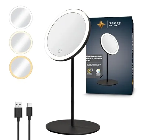 LED Akku Kosmetikspiegel 5-fach mit Touch-Steuerung und Metallgehäuse - Der elegante LED-Kosmetikspiegel bietet 5-fache Vergrößerung für präzises Schminken und Rasieren. Mit drei Lichtfarben und stufenloser Dimmfunktion ist er ideal für jede Beleuchtungssituation. Inklusive USB-C Ladekabel.