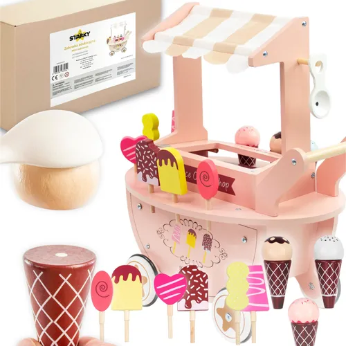 Eisdiele aus Holz für Kinder, Spielzeug, Trolley auf Rädern, Eiskugeln, Stiele