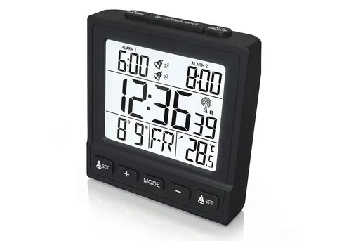 BEARWARE Wecker Reisewecker Digital, LCD-Display, Batteriebetrieb & DCF Uhr 2 Alarme, Snooze, Temperaturanzeige, Datum & LED-Beleuchtung