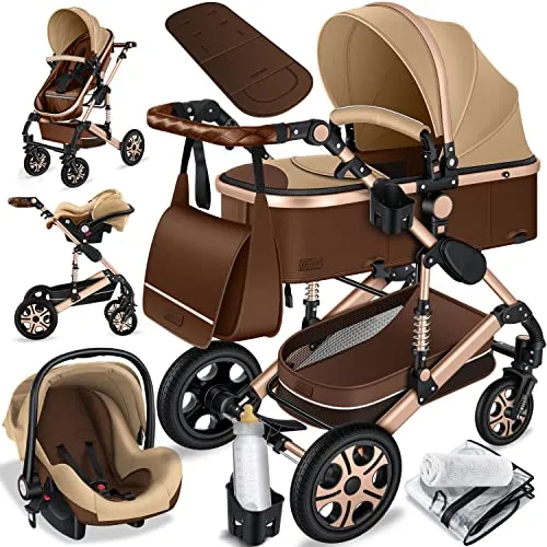 KESSER Kombi-Kinderwagen Loops - Braun/Champagne - Vielseitiger Kombikinderwagen mit 12-fach verstellbarem Handgriff, 4-fach verstellbarem Sonnenverdeck und 360° schwenkbaren Vorderrädern. Ideal für Eltern, die Flexibilität und Komfort suchen.