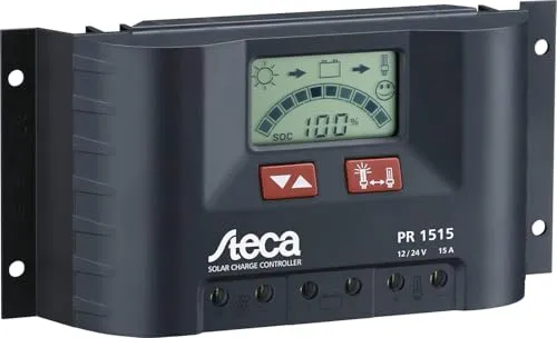 Steca PR1515 Solarladeregler mit LCD Display - Thermische Solaranlagen mit 15A Lastausgang, ideal für 12 V Verbraucher. Innovative Ladezustandsberechnung und umfassende Schutzfunktionen für maximale Sicherheit.
