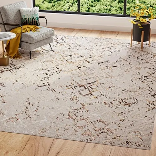 TAPISO Golden Teppich Kurzflor Wohnzimmer Schlafzimmer Luxuriös Creme Gold Raute Meliert Verwischt Modern Design ÖKOTEX 140 x 200 cm