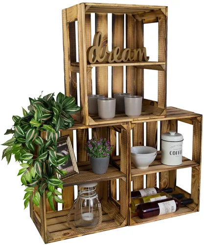 Kistenkolli Altes Land 3er Set Regalkiste Gerda flambiert - Standregale mit geflammten Holzkisten, ideal für Verkaufsdisplays mit seitlicher Öffnung und besonders hervorgehobener Holzstruktur.