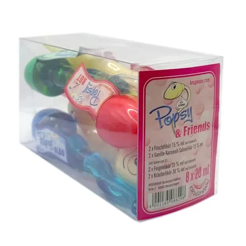Krugmanns Popsy & Friends Lecker Likör - Fröhlicher Geist - Potenzmittel mit 8 verschiedenen Likören in PET-Fläschchen, ideal für gesellige Anlässe und besondere Momente.