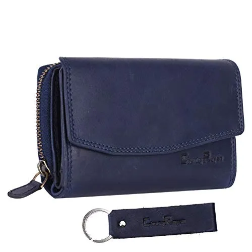 Chunkyrayan Echtleder Damen Geldbörse Hochwertig Vintage RFID Schutz inklusive Leder Schlüsselanhänger P GB-6 Blue Madrid