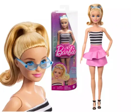 Barbie Fashionistas Puppe Nr. 213 - blonde Modepuppe mit gestreiftem Oberteil und pinkem Rock, feiert 65 Jahre Stil und ideal zum Sammeln