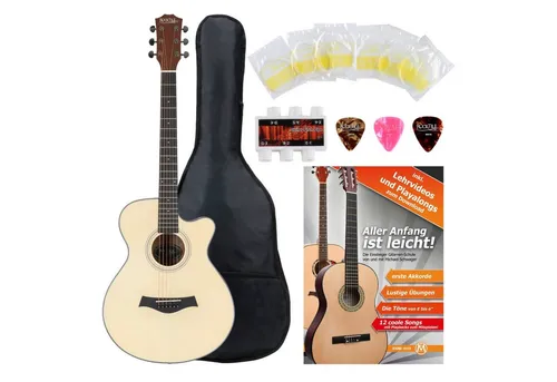 Rocktile Westerngitarre WSC-101C NT Akustikgitarre Starter Set, Starter Set, inkl. Tasche, Plektren, Ersatz-Saiten, Stimmpfeife & Gitarrenschule, Concert mit Cutaway - Boden & Zarge: Sapele