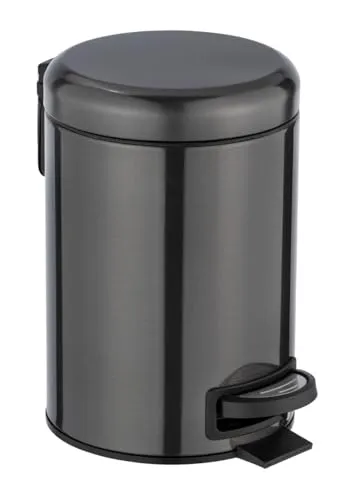 WENKO Kosmetik Treteimer Mod. Leman, 3 Liter, Bad-Mülleimer mit Anti-Fingerprint-Beschichtung, Beutelhalter, rostfreier Edelstahl, 17x25x22,5 cm, Schwarz-Metallic