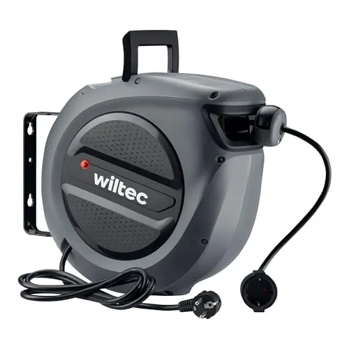 Wiltec Kabeltrommel 15 m + 1,5 m, automatischer Kabelaufroller 1500-3200 W, Verlängerungskabel Trommel 180° Halterung, robuste Kabel Trommel