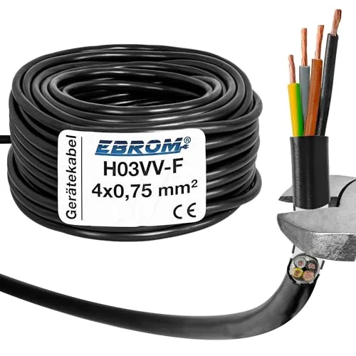 EBROM Kunststoff Schlauchleitung RUND, LED Kabel, Stromkabel, Leitung, Gerätekabel H03VV-F 4x0,75 mm² Farbe: schwarz, viele Längen in 5 m Schritten bis 250 Meter 4G0,75 mm2, Ihre Kabellänge: 20 Meter