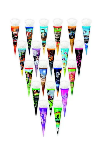 20x Schultüte / Zuckertüte 35cm mit Tüllverschluss - 20 verschiedene Motive - Set aus 20 Schultüten in 20 einzigartigen Designs, 35cm lang und mit praktischem Tüllverschluss, ideal für den ersten Schultag.