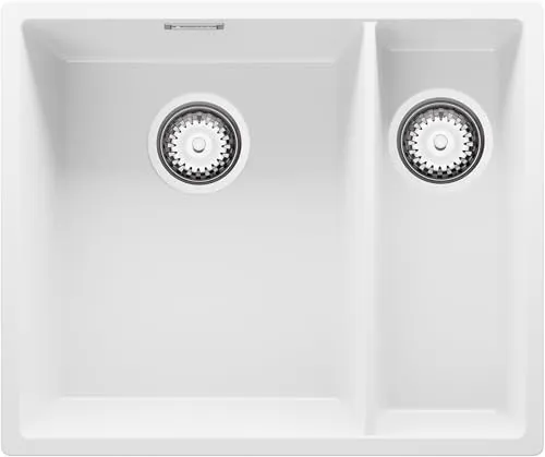 PRIMAGRAN Unterbauspüle Granit Weiß 56x47cm, Spülbecken 1,5 Becken + Ablauf-Set, Granitspüle ab 60er Unterschrank - London Duo S002
