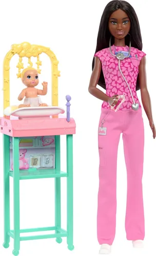 Barbie Baby Doktor Puppe mit brünetten Modepuppe in rosa Peelings, 1 Babypuppe m