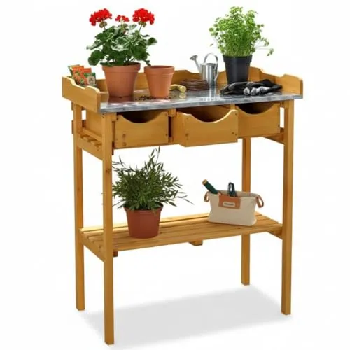 Melko Pflanztisch aus Fichtenholz - Eleganter Gartentisch mit Stauraum - Hochwertiger Pflanztisch aus Fichtenholz im Landhaus-Chic, mit 3 Schubladen und spezieller Oberfläche für optimale Pflanzenpflege. Ideal für Garten und Terrasse.