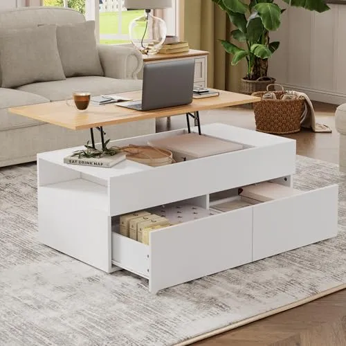 BTM Höhenverstellbarer Couchtisch mit Stauraum - Flexibler Kaffeetisch mit 100 x 50 x 40 cm, anpassbar bis 53 cm. Ideal für Teestunden oder als Arbeitsplatz. Doppelte Schubladen bieten praktischen Stauraum für kleine Gegenstände. Stilvolle Kombination aus Weiß und Holzmaserung.
