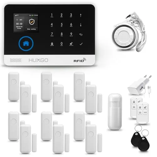 HUXGO® HXA003 Funk Alarmanlage Set WiFi + GSM mit Sirene | Alarm System mit Bewegungsmelder, 12x Tür- Fenstersensor, Fernbedienung | Wohnmobil Alarmanlage | Smart Home Security