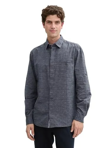 TOM TAILOR Langarmhemd 1045075 blau L - Herren-Freizeithemden, aus 50% Bio-Baumwolle, in elegantem Navy White Dobby, ideal für lässige Anlässe und bequem im regular fit.