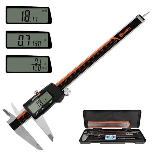 HARDELL Digitaler Messschieber, 0-8 Zoll Messwerkzeug mit großem LCD-Display, Edelstahl, Auto-Off, Zoll/Bruchteile/Millimeter, wasserdichter digitaler Messschieber für DIY/Haushalt/3D-Druck