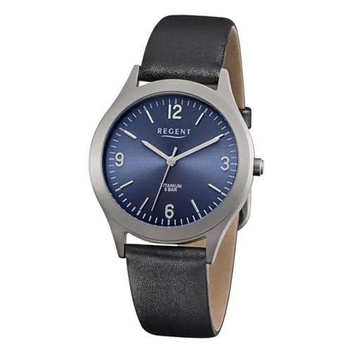 REGENT Herren Armbanduhr URF1437 - Armbanduhren für Herren mit elegantem schwarzen Lederarmband, hochwertigem Titan-Gehäuse und bis zu 5 bar wasserdicht – ideal für den Alltag.
