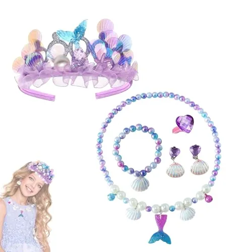 BRITIVIVE Kinder Schmuck Set Mädchen 6 Stücke Schmuckset Mädchen Meerjungfrau Spielzeug Meerjungfrau Schmuck Geschenke Krone Halskette Ohrringe Armbänder Ringe