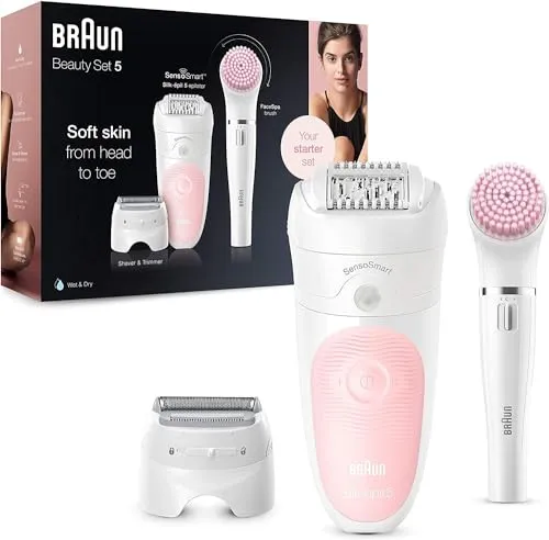 Braun Silk-épil 5 Beauty-Set, Epilierer Damen / Haarentferner, Aufsätze für Rasierer, Peeling, Reinigung für Gesicht und Körper, Tasche, 5-895, weiß/flamingo