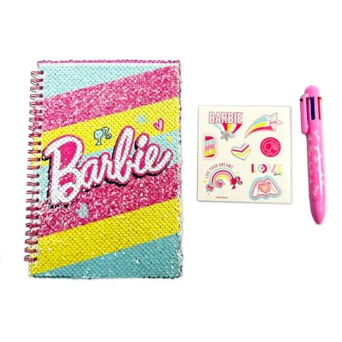 ODS - Barbie My Notebook, Notizbuch mit wendbaren Pailletten, Seiten mit Linien, weiße Seiten und Zeichnungen zum Ausmalen, inklusive mehrfarbigem Stift und 1 Blatt Barbie-Sticker, 15 x 21 cm