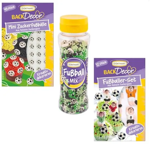 Günthart BackDecor Fußball Set 48 Mini Fußbälle, Zucker Fußballer und Fußball Streusel Mix aus Zucker aus 3 essbare Zucke Dekoration