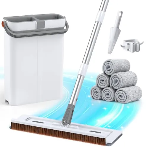 Euqvunn Wischmopp Set mit Eimer, Bodenwischer für die Reinigung von Böden mit 6 Mikrofaser Flachmopp Pads, Putzeimer mit Auswringfunktion, Schaber, Mop Halter, 40 x 12 x 135 cm
