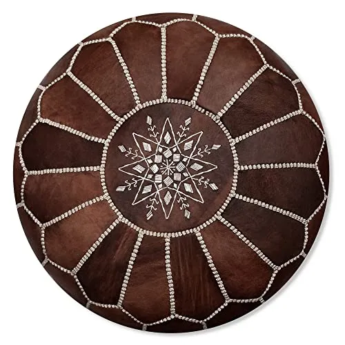 Poufs&Pillows Marokkanischer Echtleder Pouf - Holz Braun - Handgefertigt - gefüllt geliefert - Ottoman Sitzsack Fußhockr