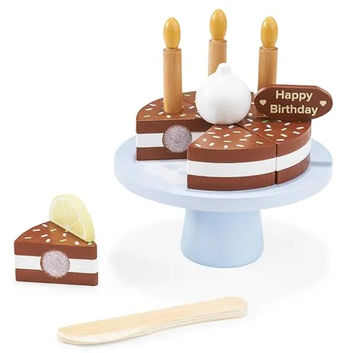 Mamabrum Holzgeburtstagstorte mit Zubehör - 8-teiliges Kinderspielzeug zum Schneiden - Kreatives Spielzeug für kleine Köche: Umfassende Holztorte mit 4 magnetischen Stücken, Tortenmesser und bunten Kerzen. Fördert die Motorik und macht Rollenspiele spannend und realistisch.