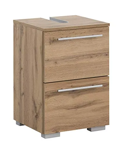 Schildmeyer Waschbeckenunterschrank Carlos 148584 - Unterschrank fürs Bad in Eiche Landhaus Dekor, mit gedämpftem Liftbeschlag und praktischem Siphonausschnitt - ideal für stilvolle und funktionale Badezimmergestaltung.