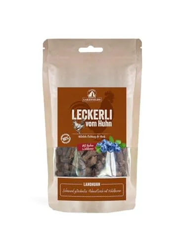 Lakefields Hundeleckerli | Trockenfleischwürfel vom Huhn | 150g | 90% Hühnerfleisch | Getreidefreie Hunde Snacks mit Kartoffeln & Waldbeeren | Knusprige Belohnung für Zwischendurch | Ohne Zusätze
