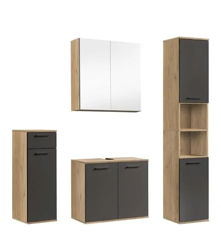 mokebo Badmöbel-Set Der Steuermann, 4-teilig - Badmöbel-Set in Eiche Schwarz, umweltfreundlich und nachhaltig, ideal für modernes Badezimmer mit pflegeleichten Oberflächen und einfacher Montage.