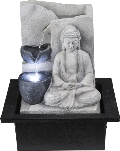 LED Tischbrunnen Buddha Design - Globo 93019 - Sonstige Dekoartikel, stilvoller Tischbrunnen aus grauem Kunststoff mit LED-Beleuchtung und integrierter Pumpe für entspannende Atmosphäre.