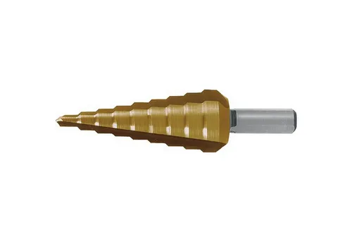 RUKO Stufenbohrer HSS-TiN geradegenutet mit Kreuzanschliff Ø 4 - 20 mm - Präziser Stufenbohrer mit 3 Schneiden für ratterfreies Arbeiten. Ideal für NE-Metalle mit geringem Vorschub. Der Konus erleichtert das Zurückziehen bei durchgebohrten Blechen. Spitzenwinkel: 118°, Stufenwinkel: 90°.