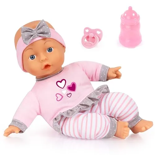Bayer Babypuppe Puppe - 30 cm Weichkörperpuppe in Rosa/Grau, inklusive Fläschchen, Schnuller und Mütze für kreative Rollenspiele ab 10 Monaten
