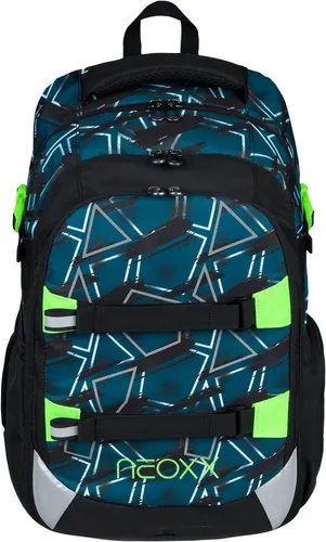 neoxx Schulrucksack Active Pro Flash yourself, Unisex, blau - Kinderrucksäcke aus 100% recyceltem PET, leicht und ergonomisch, ideal für die 5. Klasse. Mit reflektierenden Leuchtstreifen und viel Stauraum für Bücher, Laptop und mehr.