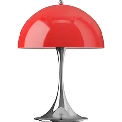 Louis Poulsen Panthella 250 Tischleuchte Portable V3 Chrome Opal Red - Kompakte Designikone mit blendfreiem, diffusen Licht. Ideal für moderne Wohnräume und flexibel einsetzbar dank USB-C-Ladung und stufenlosem Dimmer.