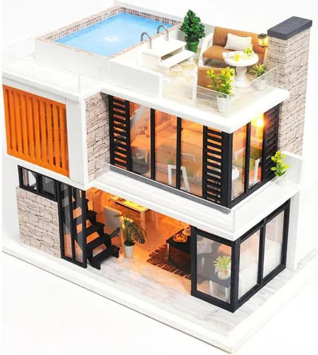 Habarri | Miniaturhaus - DIY-Puppenhaus - Holzhaus mit Möbeln und LED-Beleuchtung - Geschenk für Kinder - Modernes Singapur