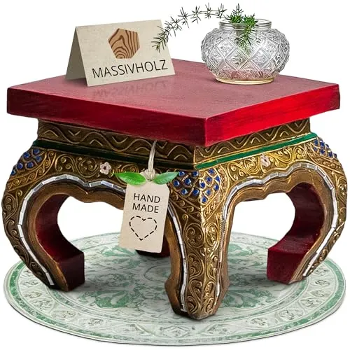 livasia Opiumtisch aus Massivholz – 24x24x20cm – Handgeschnitzter Beistelltisch Holz aus Thailand, Nachhaltig, Detailreich verziert mit Akzenten aus Glasmosaik