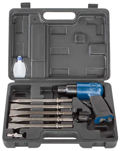 Scheppach Druckluft Meißelhammer Set mit 5 Meißeleinsätzen - Bohrmaschinen: Effizientes Druckluft-Meißelhammer-Set mit 6,3 bar, ideal für anspruchsvolle Abbrucharbeiten und präzises Meißeln.