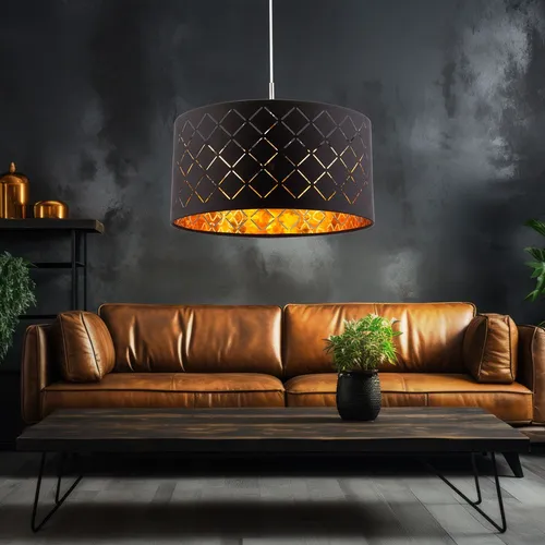Moderne Pendellampe Hängelampe schwarz mit goldenen Akzenten - Stylische Hängelampe für Esstisch und Wohnzimmer, mit textilbespanntem Schirm und dekorativen Stanzungen für eine behagliche Atmosphäre. Durchmesser 40 cm, ideal für moderne Einrichtungen.