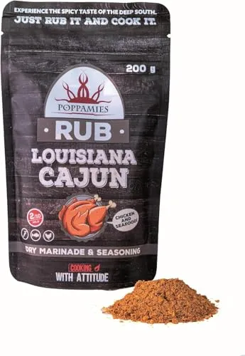 Poppamies Louisiana Cajun BBQ Rub - 100% natürliches BBQ-Gewürz - Trockene Marinade & Gewürze. Besonders geeignet für Huhn und Meeresfrüchte - Ideal für Grill, Ofen, Kochtopf - Große Packung (200g)