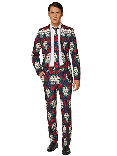 Suitmeister Herren Men Suit Business-Anzug Hosen-Set, Day Of The Dead - Anzüge für Herren, stylisches Totenkopfkostüm für Halloween, inkl. Blazer, Hose und Krawatte, perfekt für gruselige Partys!